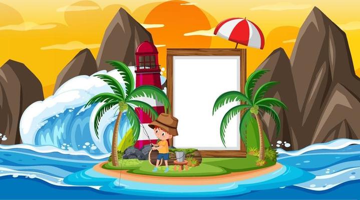 Empty banner template with kids on vacation at the beach sunset scene