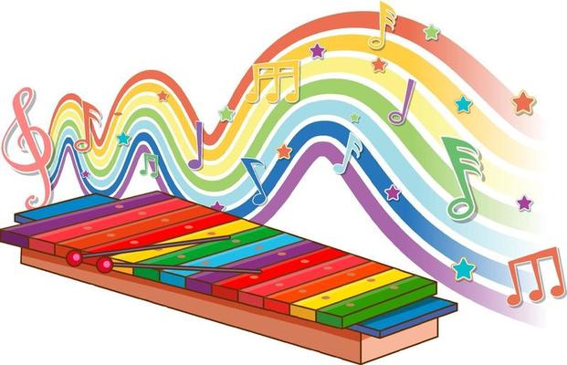 Xylophone with melody symbols on rainbow wave