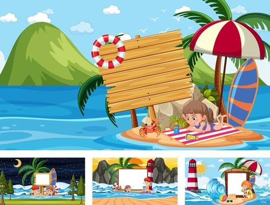 Set of blank banner in different tropical beach scenes