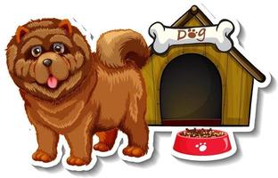 Sticker design with chow chow dog standing infront of dog house vector