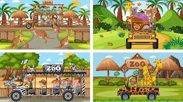 Cuatro escenas de zoológico diferentes con niños y animales. vector