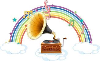 Gramophone with melody symbols on rainbow vector