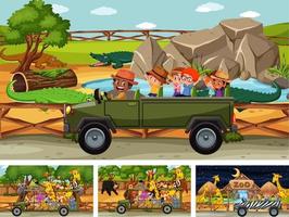 Different safari scenes with animals and kids cartoon character vector