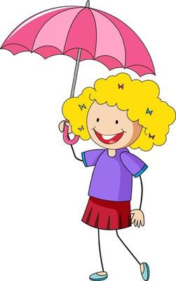 Little girl holding umbrella doodle cartoon character