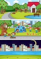 Different scenes with doodle kids cartoon character vector