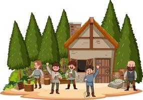 Medieval house with villagers on white background vector