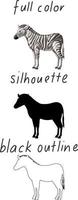 Set of zebra in silhouette and doodle on white background vector