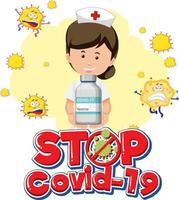 Stop Covid-19 logo with a nurse holding covid-19 vaccine bottle vector