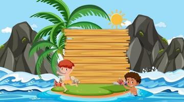 Kids on vacation at the beach daytime scene with empty banner board vector