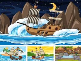 Different scenes with pirate ship at the sea and animals in the zoo vector