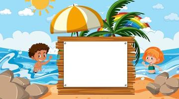 Kids on vacation at the beach daytime scene with empty banner template vector