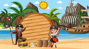 Empty wooden banner template with pirates at the beach daytime scene vector