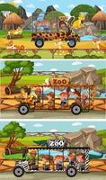 Set of different safari scenes with animals and kids cartoon character vector