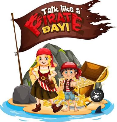 Talk like a pirate day font banner with pirate kids cartoon character