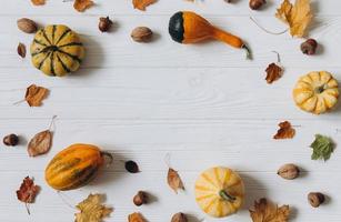 Pumpkins, dried leaves on white wooden background top view. Autumn. photo
