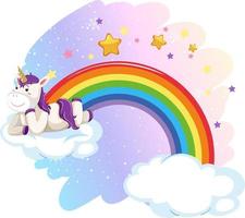lindo unicornio tendido en la nube en el cielo pastel con arco iris vector