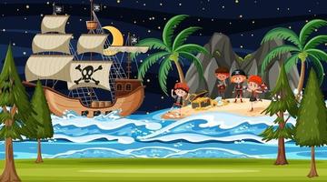 Treasure Island scene at night with Pirate kids vector