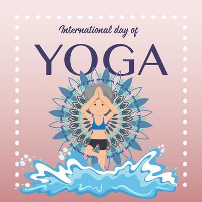International Day of Yoga banner with old woman doing yoga exercise