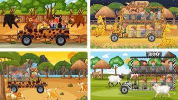 Conjunto de diferentes animales en escenas de safari con niños. vector