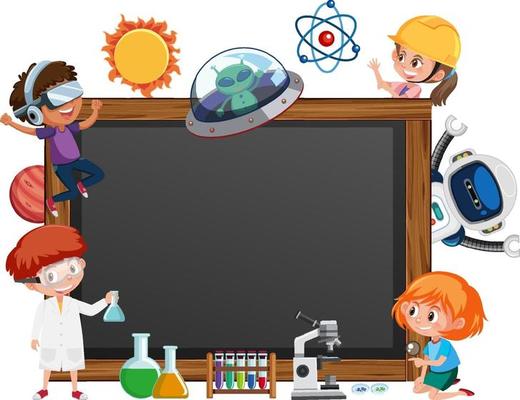 Empty blackboard with kids in technology theme