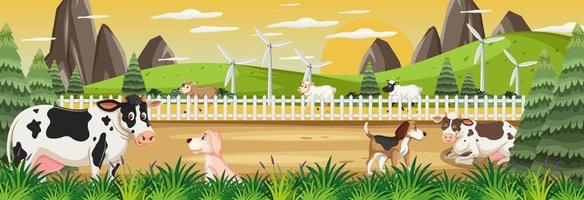 Escena panorámica al aire libre con animales de granja. vector