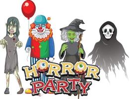 Horror Party text design with Halloween ghost characters vector
