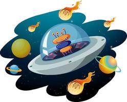 Alien in UFO with many planets and asteroids vector