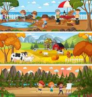 Different panoramic nature landscape set with cartoon character vector