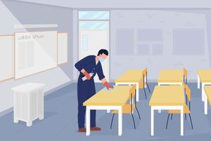 School janitor in the classroom flat color vector illustration