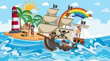 playa con barco pirata en la escena diurna en estilo de dibujos animados vector