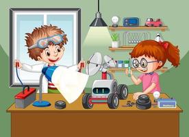 Kids building robot together in the room scene vector