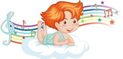 Cupido niño personaje en la nube con símbolos de melodía en arco iris vector