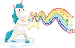 Unicorn standing on the cloud with melody symbols on rainbow wave vector