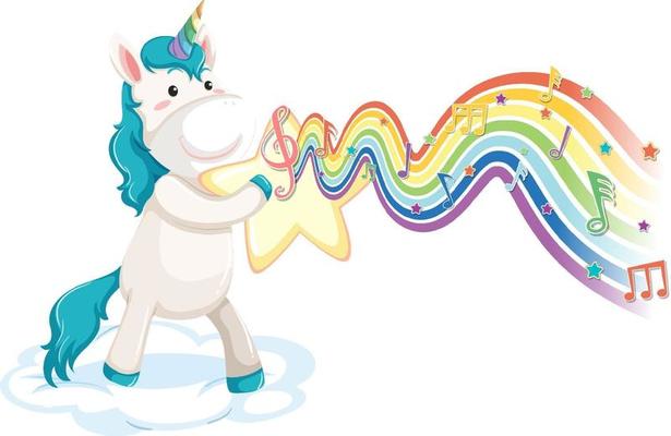 Unicorn standing on the cloud with melody symbols on rainbow wave