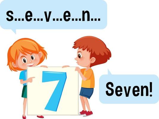 Cartoon character of two kids spelling the number seven