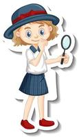 A girl holding magnifying glass cartoon character sticker vector