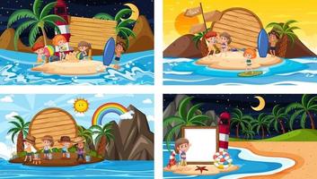 Set of different tropical beach scenes with blank banner vector