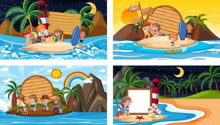 Set of different tropical beach scenes with blank banner