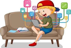 Boy sitting on couch learning from tablet vector