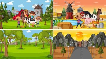 Set of different nature scenes background with many people vector