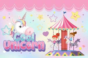 Cool unicorn font with kids playing carousel vector