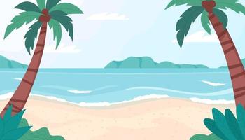 Summer beach landscape. Palm tree, mountains, sea and clouds. vector