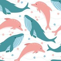 Whale and dolphin seamless pattern. Cute sea and underwater life. vector