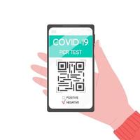 Hand holding smartphone with covid-19 PCR test vector