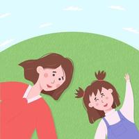 Mother and daughter laying on the grass under blue sky with clouds. vector