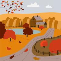 Autumn rural landscape. Rustic autumn view with fields, trees vector