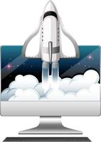 Computer monitor with spaceship on white background vector