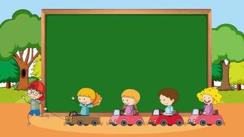 Empty blackboard in park scene with many kids doodle cartoon character vector