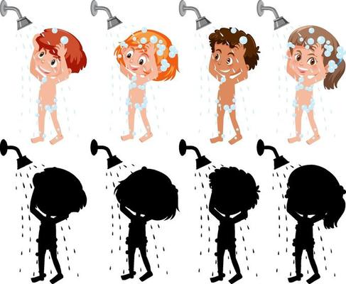 Set of different kids cartoon character take a shower with silhouette