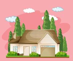 Front of a house with many tree on pink background vector